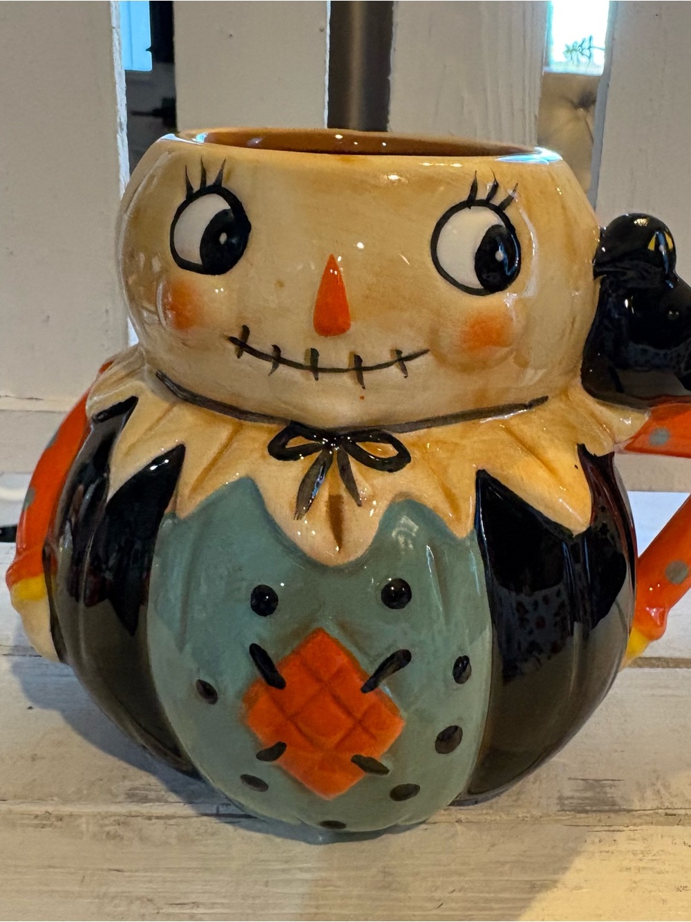 Magenta Ceramic Scarecrow Mug  in Cream, Orange, Black and Teal